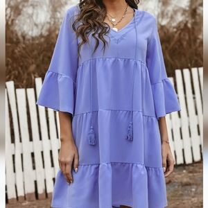 Blue V Neck Tiered Mini Dress With Tassles Size XL